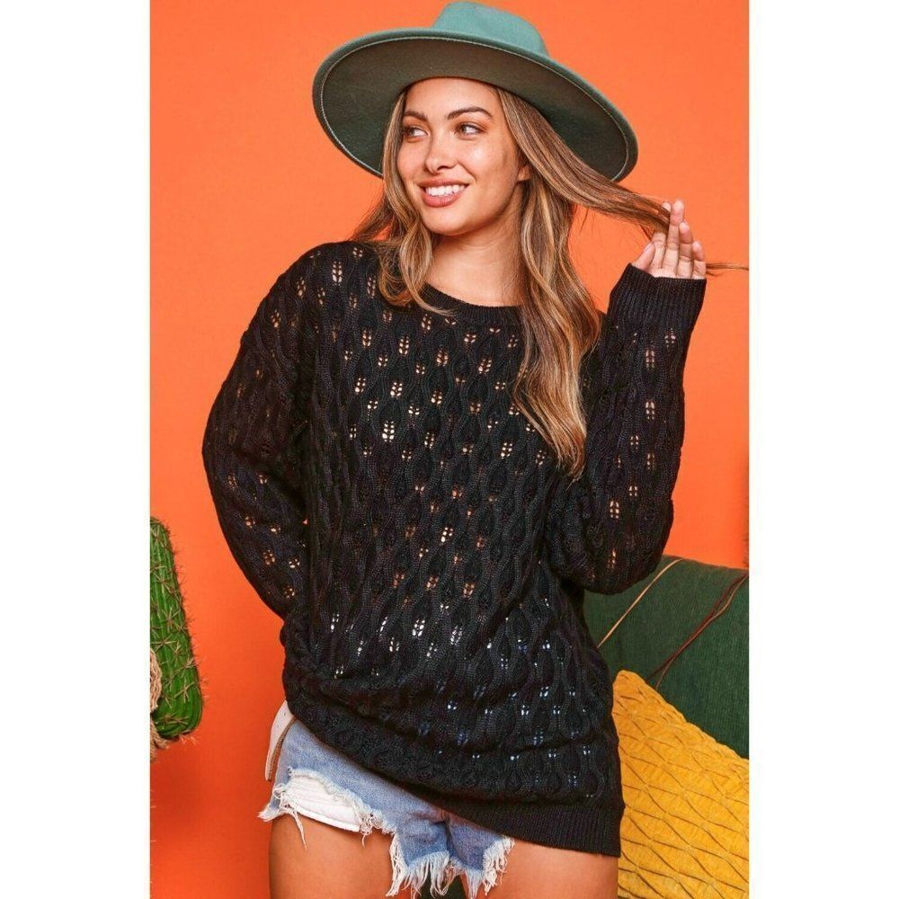 SALE! Fantastic Fawn Black Long Sleeve Pointelle Knit Sweater IFKT75088-01 - Picture 4 of 5
